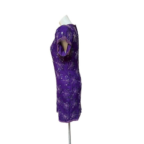 Vintage 90s Beaded Silk Cocktail Dress Royal Purple Size 6 XS/S - Picture 5 of 10